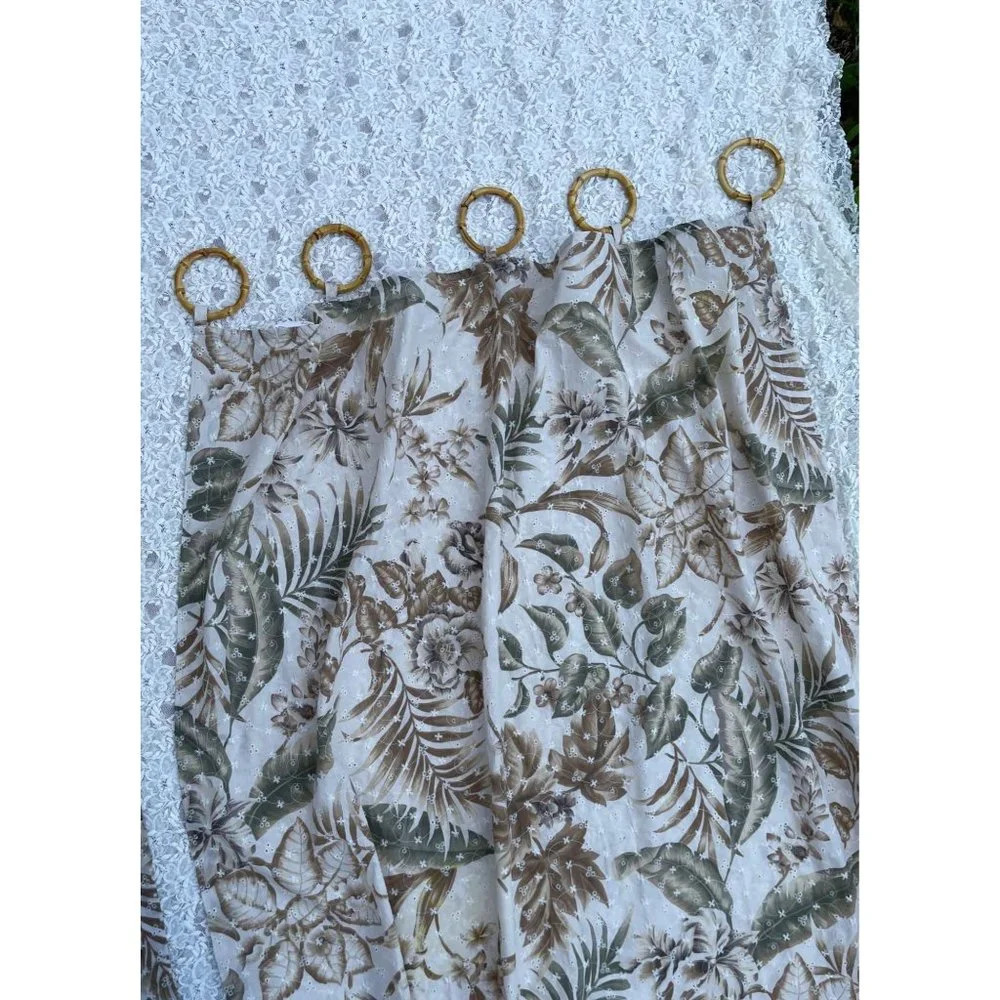 2 Panels Set Embroidery Tropical Window Curtains Natural Bamboos Rings 80"x40"